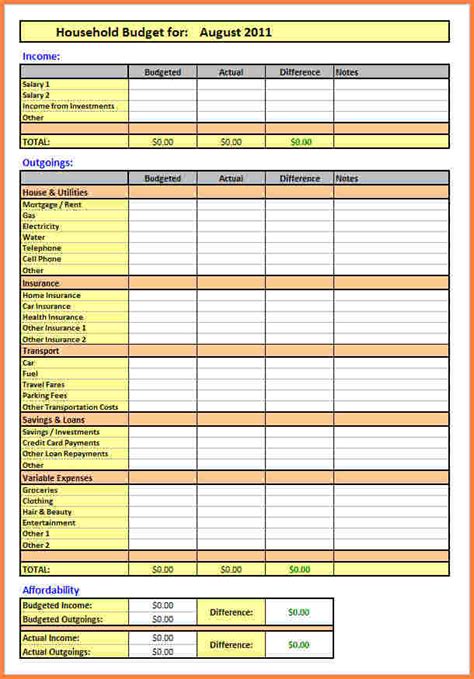 household monthly budget spreadsheet excel