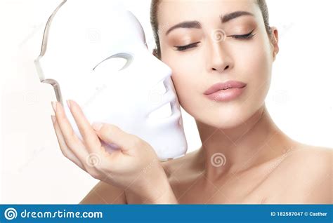 Beauty Model Woman With Led Mask Photon Therapy Light Treatment Skin
