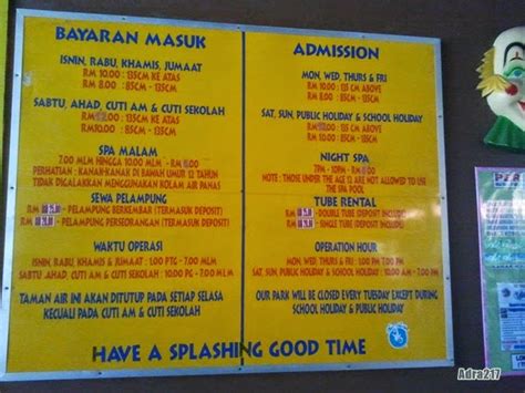 Anda juga perlu sediakan wang lebih untuk tujuan sewa tube, cabana dan locker. Keyza: Wet World Air Panas Resort - PEDAS, N9