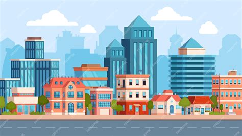 Premium Vector Flat City Street Landscape With Skyscraper And