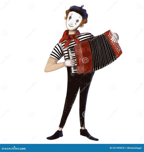 Clown Mime With Accordion Watercolor Style Illustration Funny Clipart