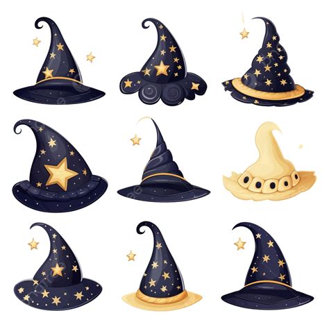 Collection Of Wizard Hat With Moon And Stars Details Over Full Moon At The Back In Halloween