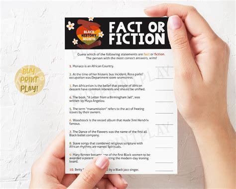 Black History Month Fact Or Fiction Trivia Game American Etsy