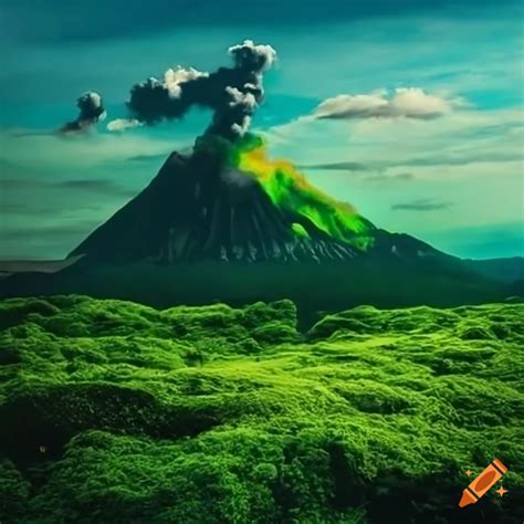 Mural Of A Green Land With Volcanoes