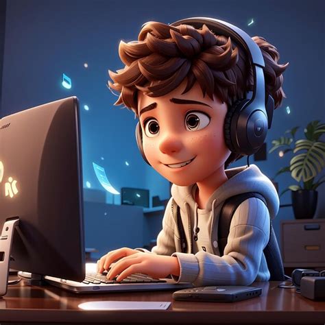 Premium Ai Image Young Boy Hearing Music On Computer 3d Character