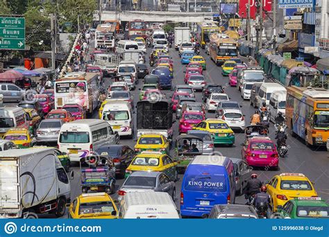 Heavy Traffic In Main Street Of City Center Traffic Jam In Bangkok