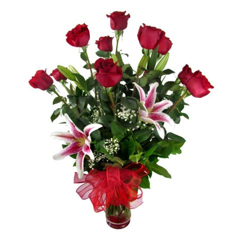 Long Stem Red Roses And Stargazer Lilies Vase In San Diego Ca House