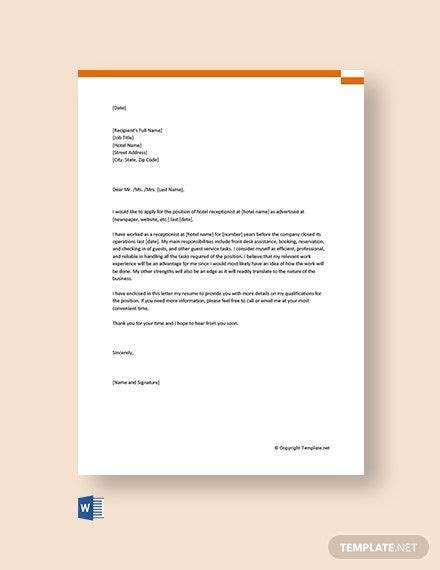 Try not letter be negative during your search for jobs cover hotel and hospitality. Instantly Download Free Application Letter for Hotel Receptionist Template, Sample & Example in ...
