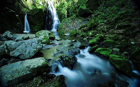 Waterfall Stones Moss Water Scenery Hd Wallpaper Peakpx