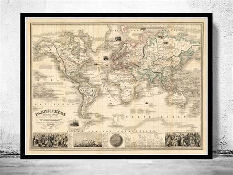 Marvellous World Map Vintage Look Mercator Projection Fine Reproduction