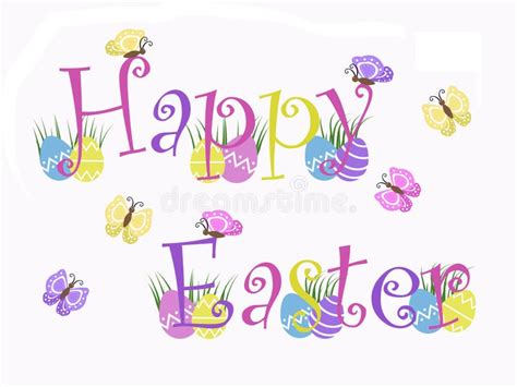 Isolated Happy Easter Text With Eggs Grass Butterflies With White