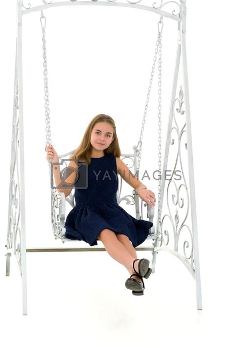 Beautiful Preteen Girl Sitting On Elegant Metal Swing By Kolesnikov