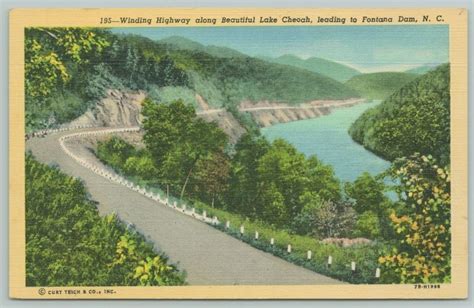 Lake Cheoah Nc~fontana Dam~1940s Linen Postcard United States North