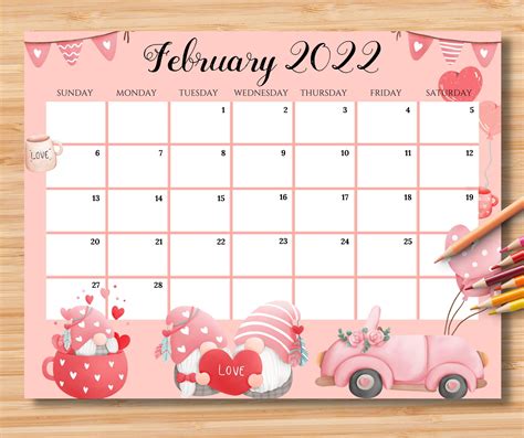 Editable February 2023 Calendar Sweet Valentine With Love Gnomes