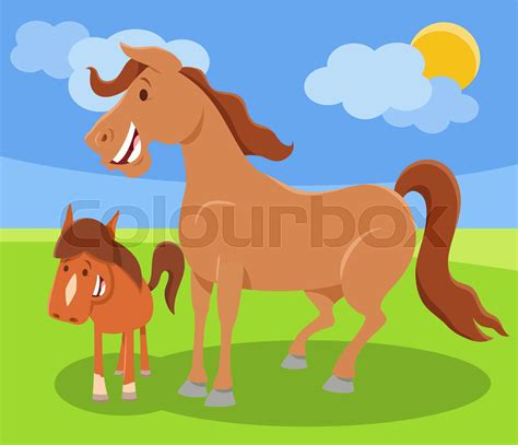 Funny Cartoon Horse Farm Animal Character With Colt Stock Vector