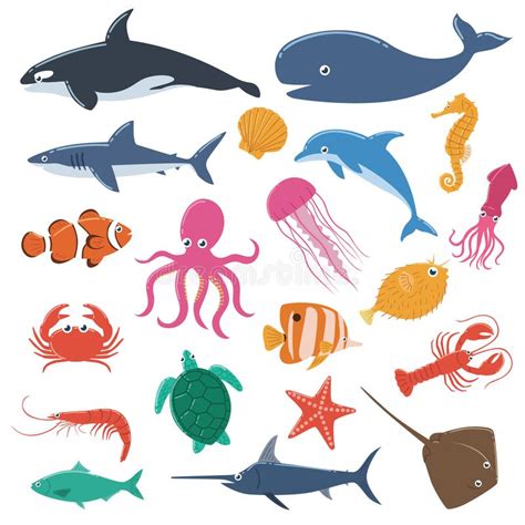 Oceanarium Ocean Animals And Fishes With Names Stock Vector