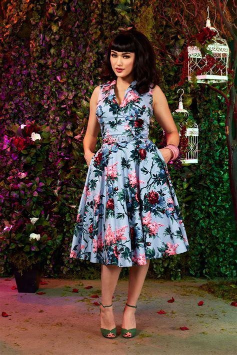 Pinup Couture Edie Dress In Blue Floral Vintage Style Dress Pinup Girl Clothing Dresses