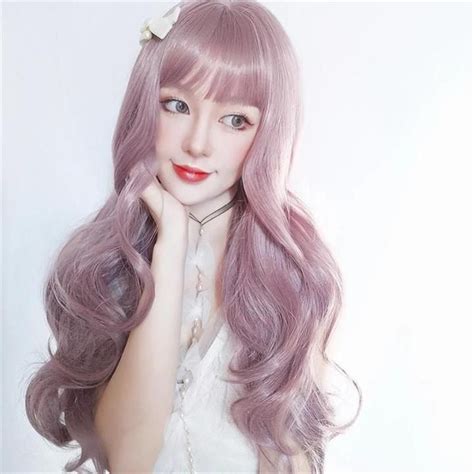 Japanese Cosplay Harajuku Ash Pink Long Wavy Air Bangs Wig Long Hair