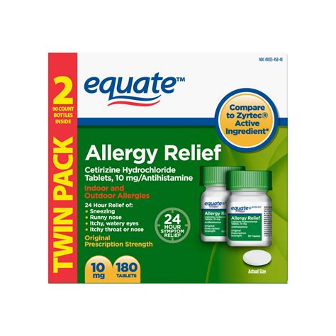 Equate Allergy Relief Cetirizine Hydrochloride Tablets 10 Mg 90