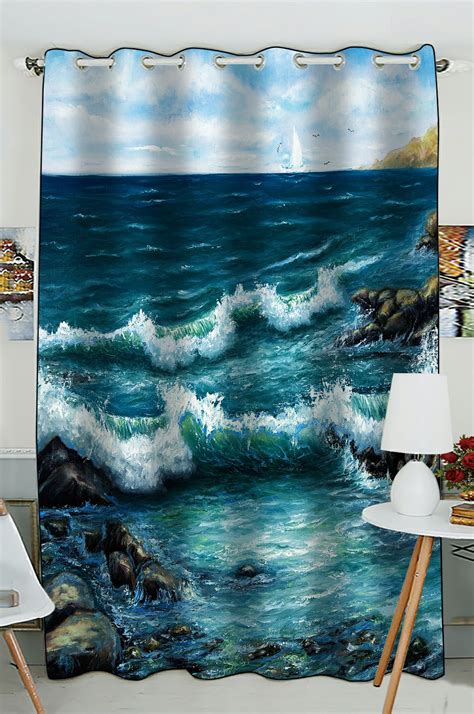 Phfzk Ocean Window Curtain Oil Painting Sea Wave And Ship Boat Window