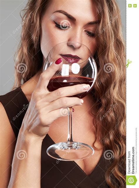 Girl With Glass Of Red Winebeautiful Blond Woman Drinking Red Wine