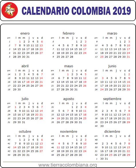 Calendario Colombia 2019 Tierra Colombiana