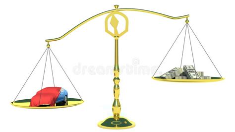 Money And The Car In The Gold Balance Scales Isolated On White Stock