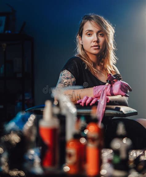 Seductive Female Tattoo Master Posing In Her Studio Stock Image Image