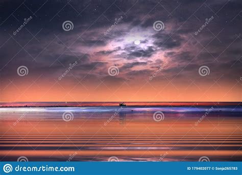 Starry Night At Sea Blue Pink Cloudy Sky Sunset Light Reflection On