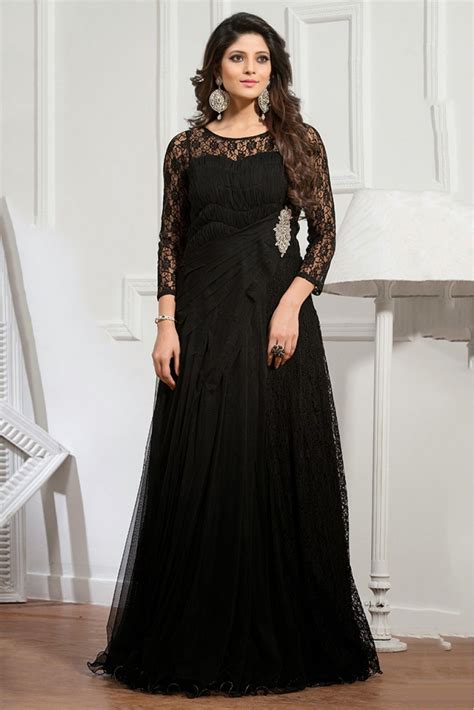 Net Semi Stitched Party Wear Gown In Black Colour Gaun Barat Pakaian Pesta Gaun Gaun