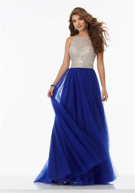 A Line Prom Dress Featuring A Fully Beaded Bodice And Soft Net Skirt