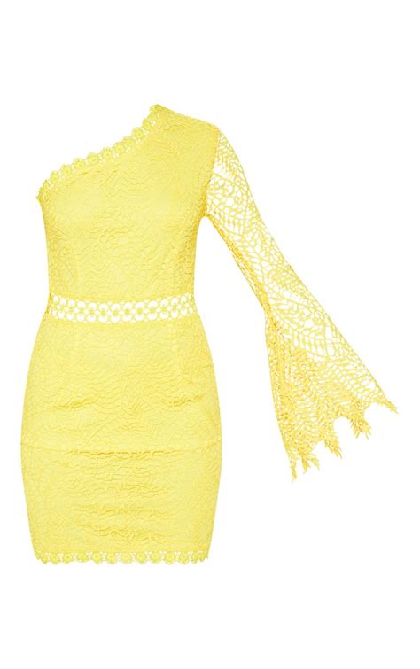 Bright Yellow One Shoulder Lace Bodycon Dress Prettylittlething
