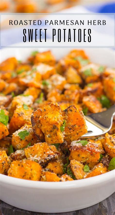 In this easy vegetable side dish recipe, sweet potatoes are tossed with maple syrup, butter and lemon juice and are roasted until tender and golden brown. These Parmesan Herb Roasted Sweet Potatoes are seasoned ...