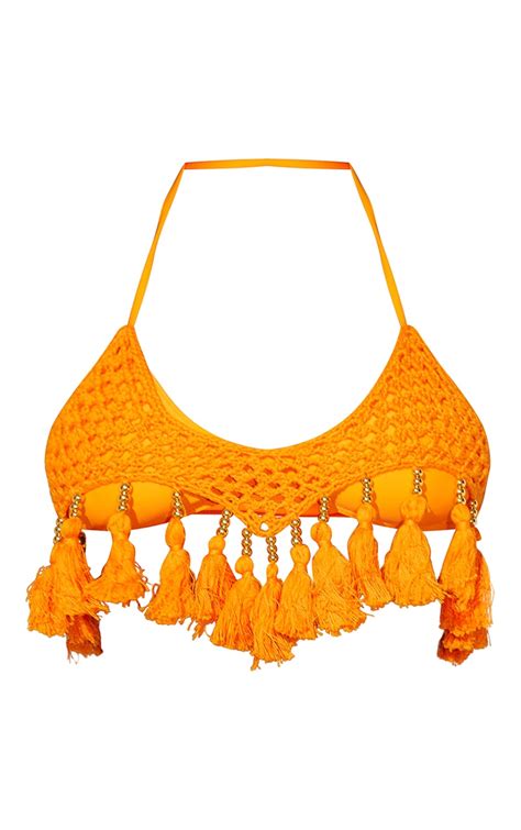 Orange Crochet Tassel Knit Bikini Top Prettylittlething Il