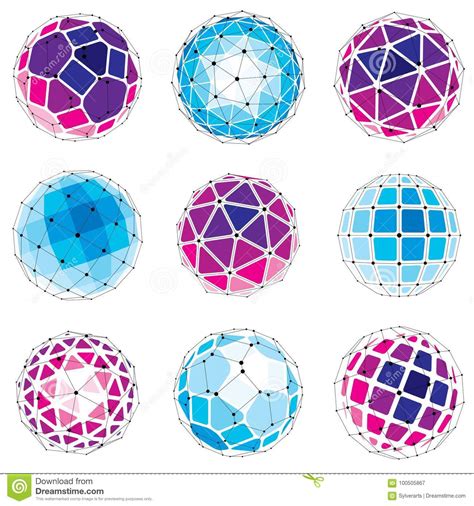 Set Of Abstract 3d Faceted Figures With Connected Lines Vector Stock