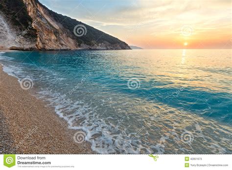 Sunset On Myrtos Beach Greece Kefalonia Ionian Sea Stock Image