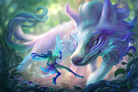 Wolf And Fairy Art Luminos Fang Tuantuan Supeerb Fantasy Green