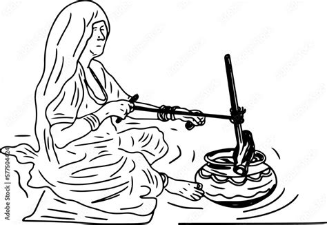 Vetor De Sketch Drawing Of Village Woman Churning Curd Silhouette Of Indian Village Woman