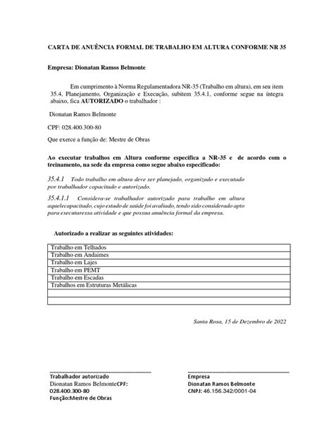 Carta De Anuencia Formal Para Trabalhos Em Altura Dionatan Pdf