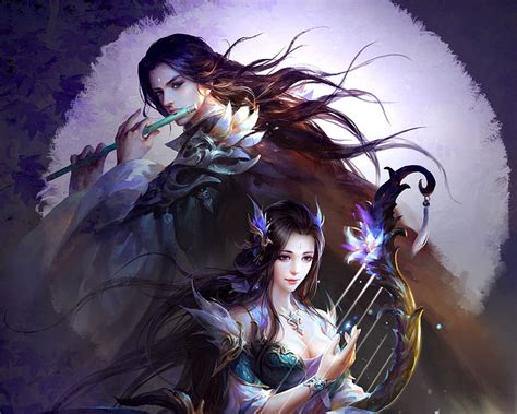 Fantasy Couple Flute Frumusete Asian Man Su Fu Girl Lira