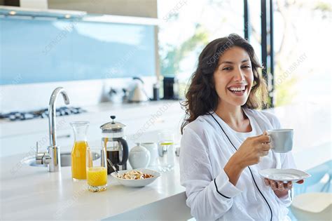 Portrait Laughing Woman Drinking Coffee Stock Image