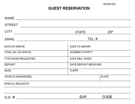 Guest Reservationregistration Card For Hotels Motels Hospitality