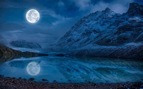 Fonds Decran Photographie De Paysage Montagnes Lac Lune Nuit Reflet