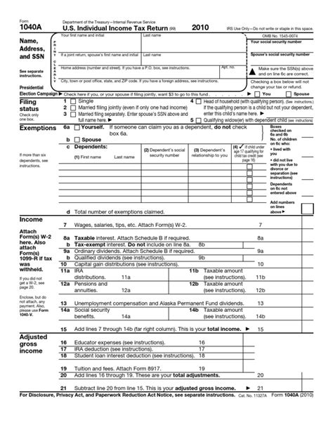 2010 1040a Federal Tax Form Pdf Irs Tax Forms Tax Deduction