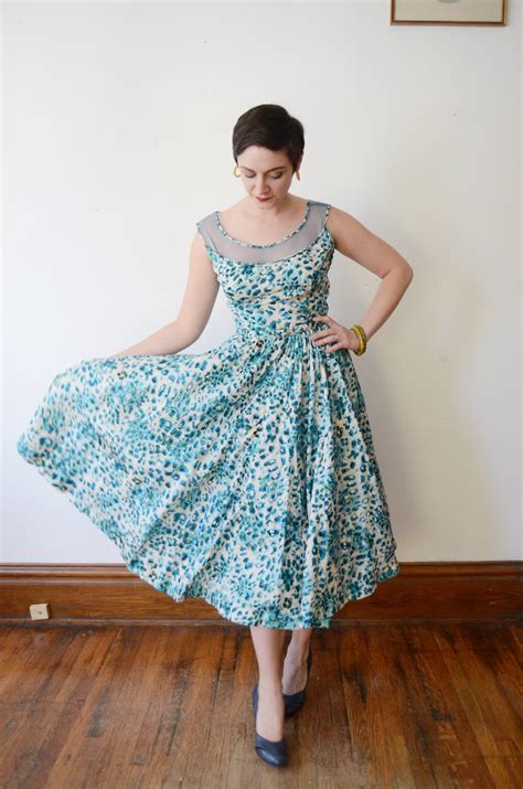 1950s Blue Silk Floral Dress With Mesh Neckline M