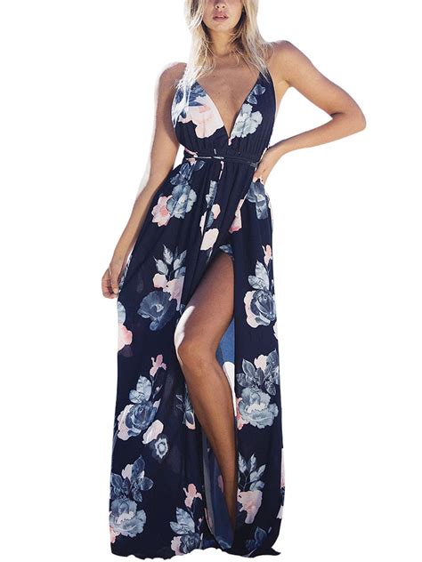 Simplee Women S Deep V Neck Backless Spaghetti Strap Floral Casual Maxi Dress Beachwear Central