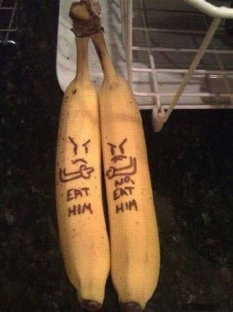 two bananas with faces drawn on them sitting next to each other and the caption says this guy