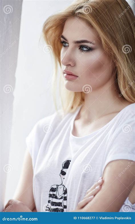 Blond Female In A White T Shirt Stock Image Image Of Eyes Beautiful 110668277