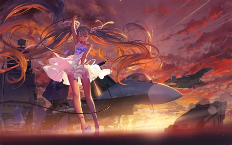 Wallpaper Illustration Anime Girls Vocaloid Hatsune Miku Wind Military Aircraft Jet