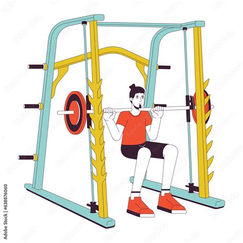 Man Doing Squats In Power Rack Flat Line Color Vector Character